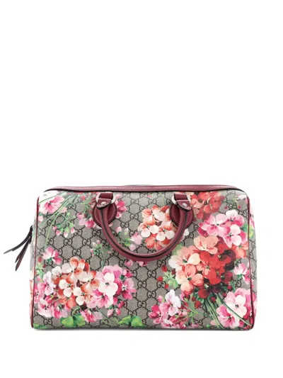 Pre-owned Gucci Convertible Boston Bag Blooms Print Gg Coated Canvas Medium Satchel In Brown