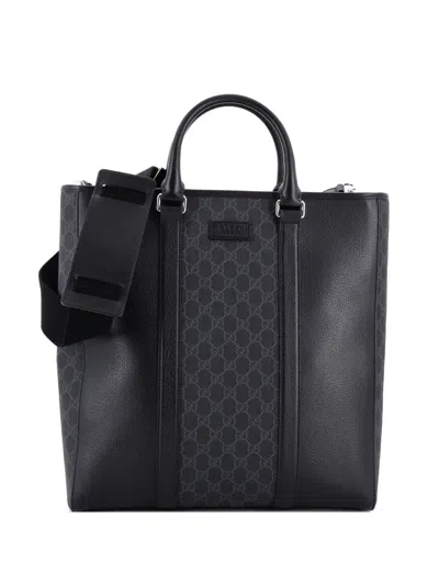Pre-owned Gucci Convertible Gg Coated Canvas And Leather Tall Tote Bag In Black
