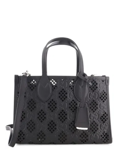 Pre-owned Gucci Convertible Gg Debossed Laser Cut Leather Small Tote Bag In Black