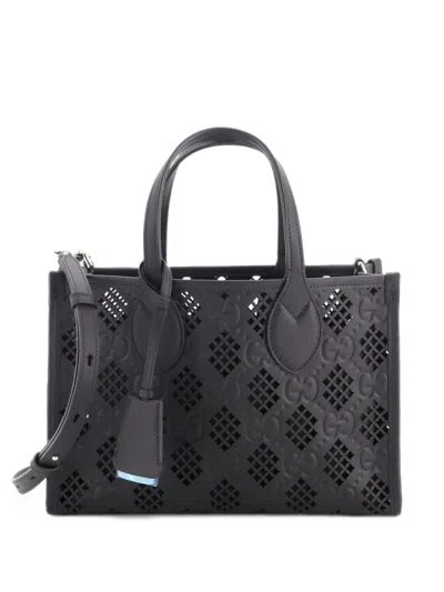 Pre-owned Gucci Convertible Gg Debossed Laser Cut Leather Small Tote Bag In Black