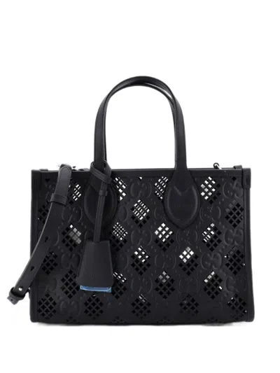 Pre-owned Gucci Convertible Gg Debossed Laser Cut Leather Small Tote Bag In Black