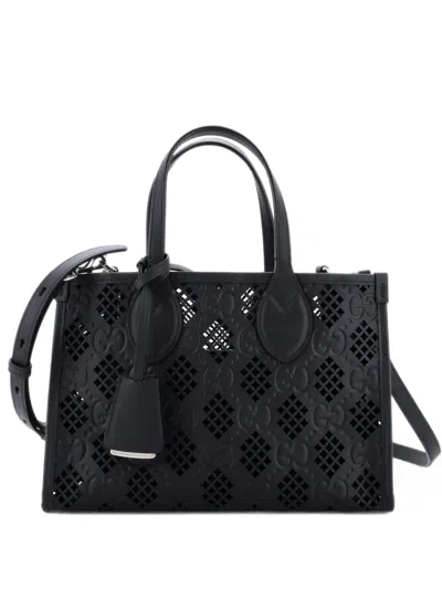 Pre-owned Gucci Convertible Gg Debossed Laser Cut Leather Small Tote Bag In Black