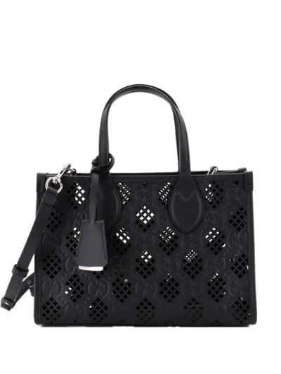 Pre-owned Gucci Convertible Gg Debossed Laser Cut Leather Small Tote Bag In Black