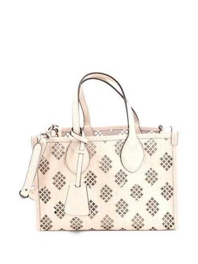 Pre-owned Gucci Convertible Gg Debossed Laser Cut Leather Small Tote Bag In White