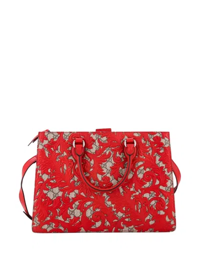 Pre-owned Gucci Convertible Gusset Arabesque Gg Coated Canvas With Leather Large Tote Bag In Red