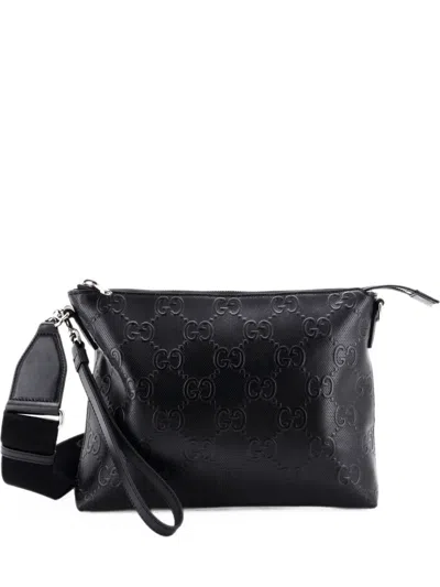 Pre-owned Gucci Convertible Messenger Bag Gg Embossed Perforated Leather Medium Clutch Bag In Black