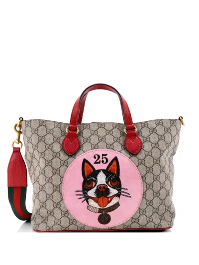 Pre-owned Gucci Convertible Soft Gg Coated Canvas With Applique Small Tote Bag In Brown
