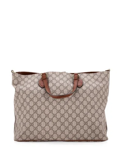 Pre-owned Gucci Convertible Soft Gg Coated Canvas With Leather Medium Tote Bag In Brown