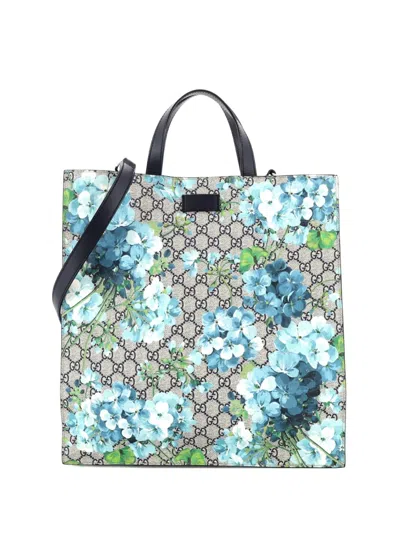 Pre-owned Gucci Convertible Soft Open Blooms Print Gg Coated Canvas Tall Tote Bag In Blue