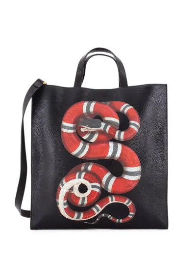 Pre-owned Gucci Convertible Soft Open Printed Leather Tall Tote Bag In Black