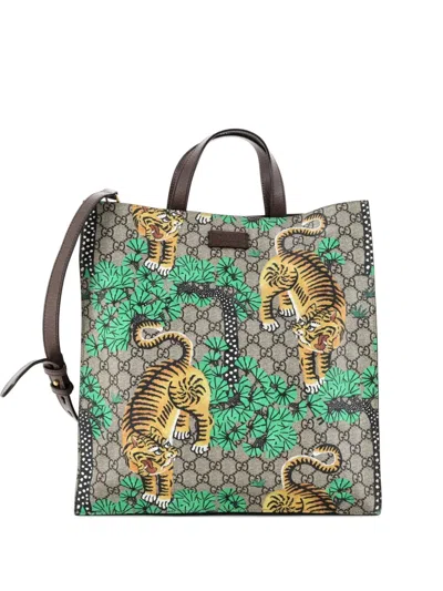 Pre-owned Gucci Convertible Soft Open Tote Bengal Print Gg Coated Canvas Tall Shoulder Bag In Brown