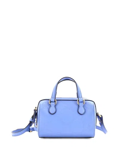 Pre-owned Gucci Convertible Top Handle Bag Jumbo Gg Embossed Leather Mini Satchel In Blue