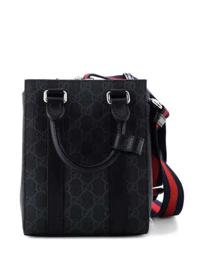 Pre-owned Gucci Convertible Web Open Gg Coated Canvas Mini Tote Bag In Black