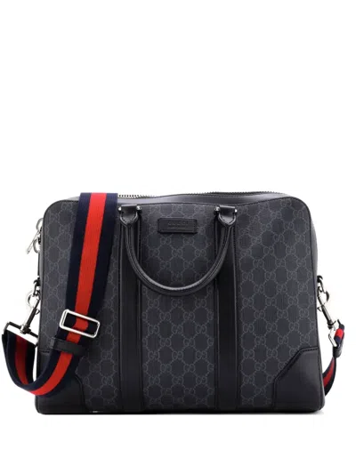 Pre-owned Gucci Convertible Zip Around Briefcase Gg Coated Canvas Medium Business Bag In Black