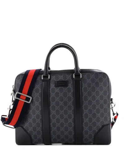 Pre-owned Gucci Convertible Zip Around Briefcase Gg Coated Canvas Medium Business Bag In Brown