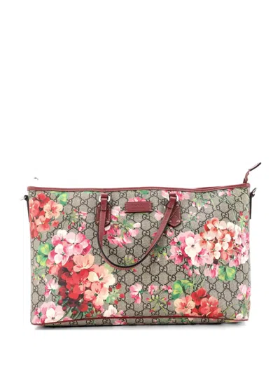 Pre-owned Gucci Convertible Zip Blooms Print Gg Coated Canvas Large Tote Bag In Brown