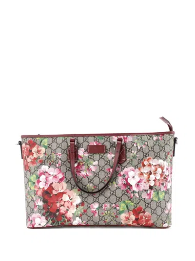 Pre-owned Gucci Convertible Zip Blooms Print Gg Coated Canvas Large Tote Bag In Pink