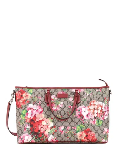 Pre-owned Gucci Convertible Zip Blooms Print Gg Coated Canvas Large Tote Bag In Red