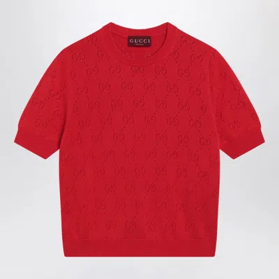 Gucci Coral Red Cotton And Silk Pointelle Sweater With Gg Motif