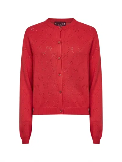Gucci Coral Rose Gg Cotton Knit Cardigan In Red