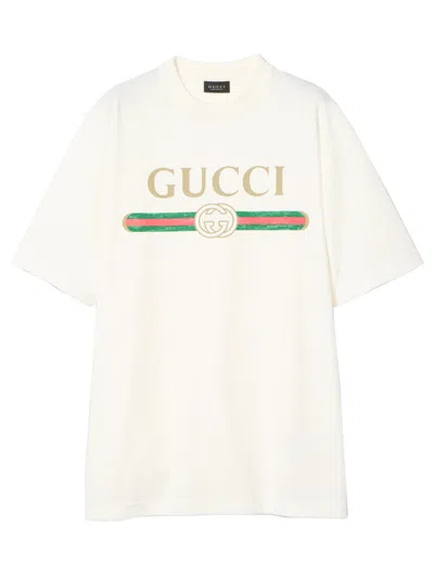 Gucci Cotton And Silk T-shirt With Interlocking Gg Web Motif In Neutral