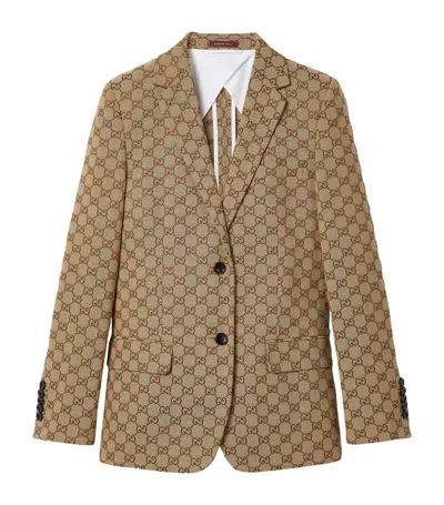 Gucci Womens Camel Ebony Mix Monogram-print Slim-fit Cotton-blend Blazer