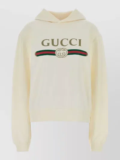 Gucci Cotton Blend Hooded Sweatshirt Long Sleeves In Neutral
