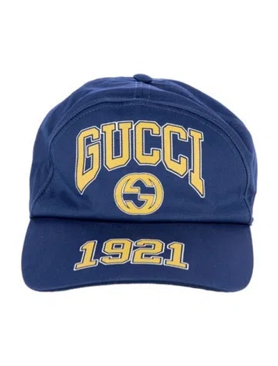 Pre-owned Gucci Cotton Blue Baseball Cap With Yellow Text And Branding In Multi
