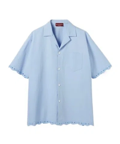 Gucci Cotton Bowling Shirt With Embroidery In Blue