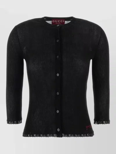 Gucci Cotton Cardigan Longline Ribbed Lace Trim In Black