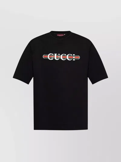 Gucci Cotton Crew Neck T-shirt With Web Print In Black