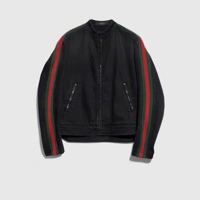 Gucci Cotton Denim Biker Jacket With Web In Black
