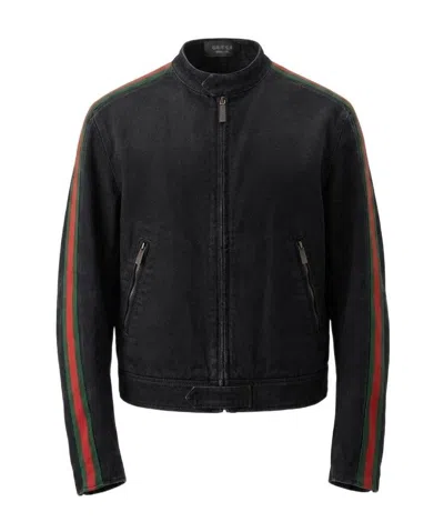 Gucci Cotton Denim Biker Jacket With Web In Black