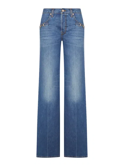 Gucci Cotton Denim Bootcut Trousers With Horsebit Detail In Blue