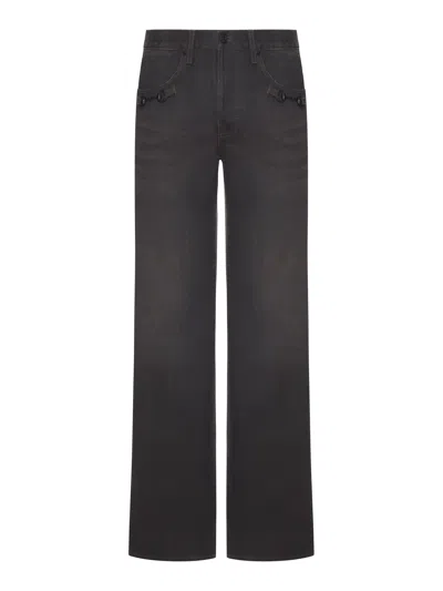Gucci Cotton Denim Flare Trousers With Horsebit Detail In Gray
