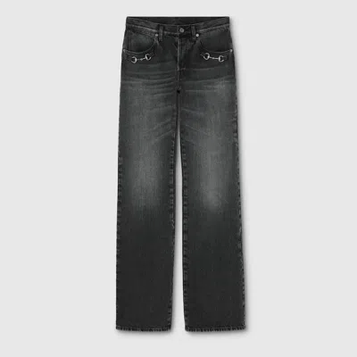 Gucci Cotton Denim Pants With Horsebit In Black