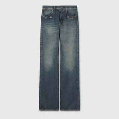 Gucci Cotton Denim Pants With Horsebit Detail In Blue