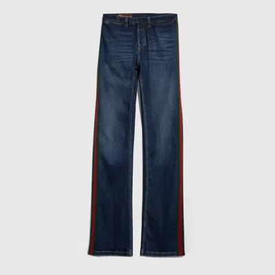 Gucci Cotton Denim Pants With Web In Blue