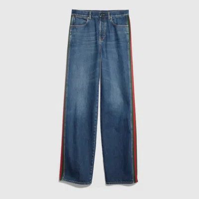 Gucci Cotton Denim Pants With Web Insert In Blue