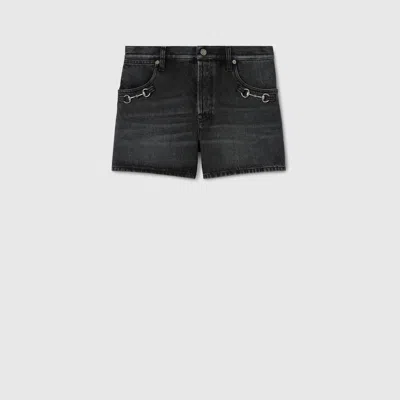 Gucci Cotton Denim Shorts With Horsebit In Black