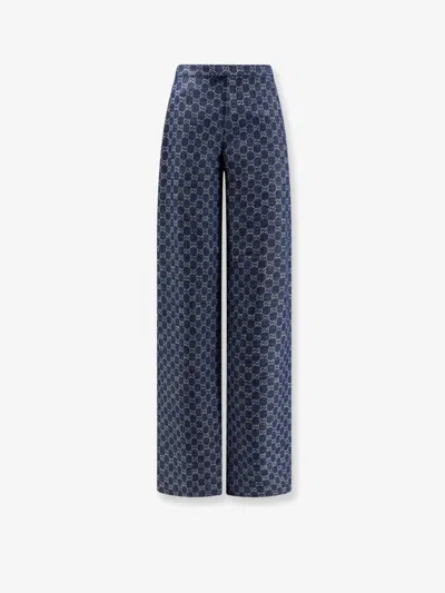 Gucci Cotton Denim Trousers With Gg Motif In Blue