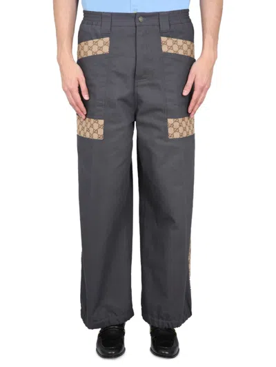 Gucci Cotton Fabric Pants With Gg Inserts In Black