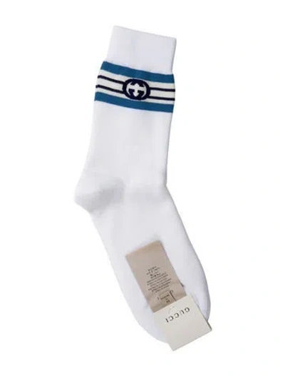 Pre-owned Gucci Cotton Felponge Interlocking Pattern Print Socks Size M W/tags In White