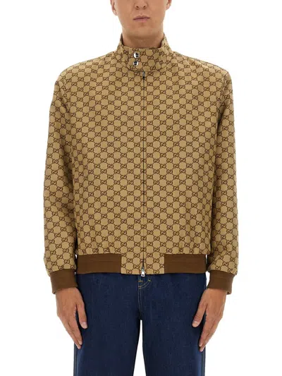 Gucci Cotton Jacket With High Collar And Ribbed Cuffs In Brown
