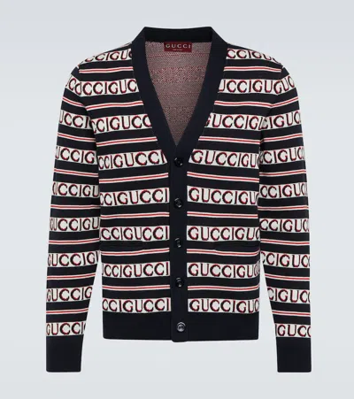 Gucci Cotton Jacquard Cardigan In Ink,red,white