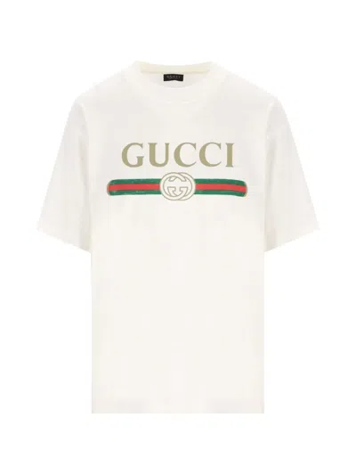 Gucci T-shirt In Cotton And Silk Jersey With Print In White