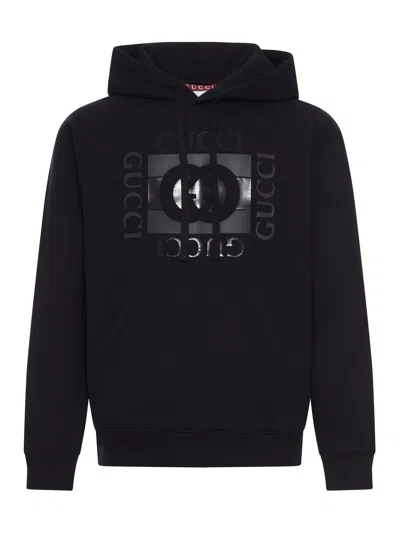 Gucci Men Black Sweatshirt With Hood With Drawstring And Front Logo In Cotton Man In Multi