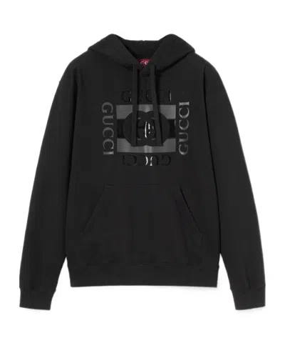 Gucci Men Black Sweatshirt With Hood With Drawstring And Front Logo In Cotton Man In Multi