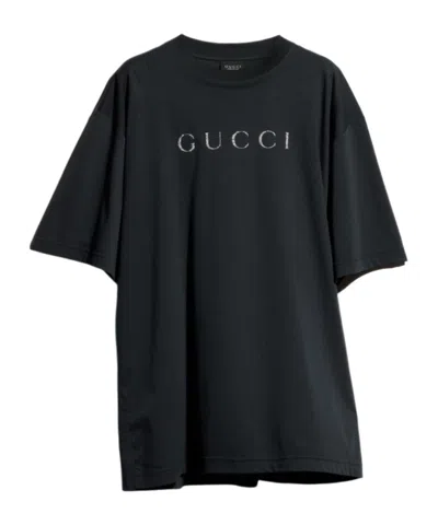 Gucci Cotton Glitter Print Crewneck T Shirt In Black