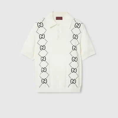 Gucci Cotton Knit Polo Top With Gg Intarsia In White